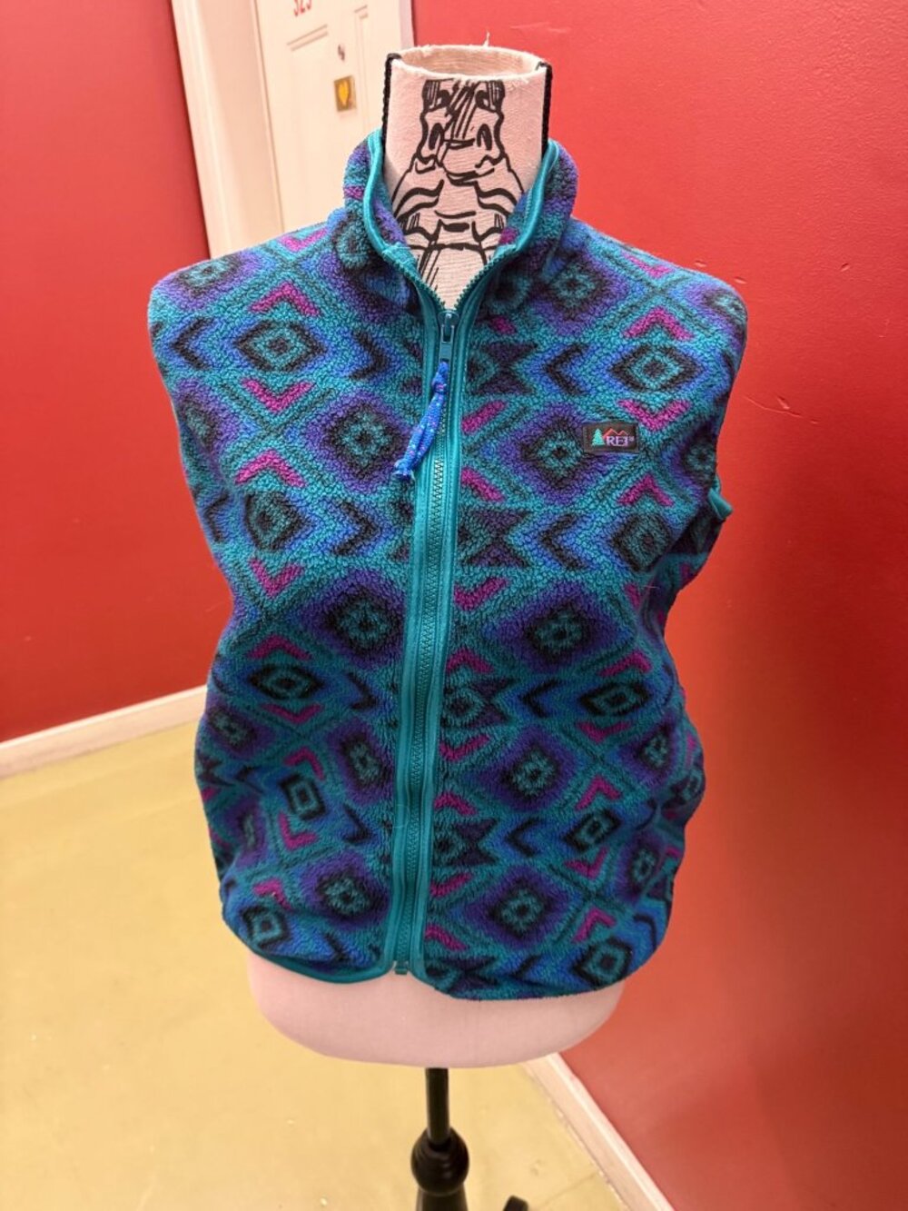 VTG 90s REI Tribal Fleece Vest Teal Blue Purple Kids XL/Adult XS